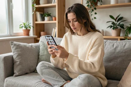 Jeune femme consultant des stories Snapchat sur un smartphone Android sans compte, assise dans un salon moderne