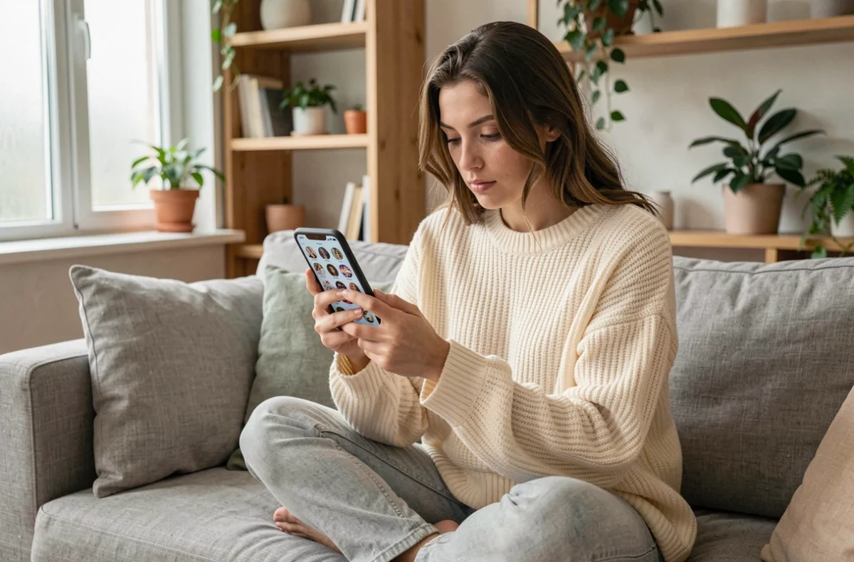 Jeune femme consultant des stories Snapchat sur un smartphone Android sans compte, assise dans un salon moderne