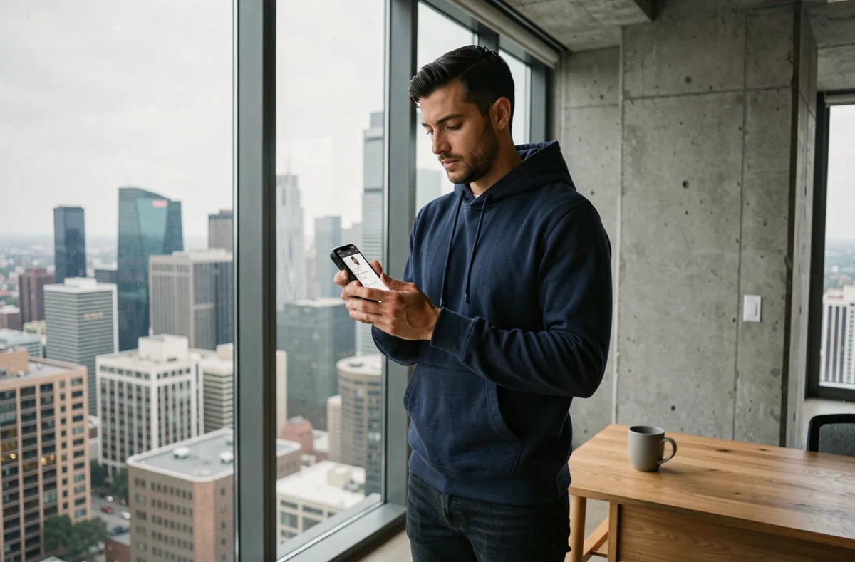 Homme consultant anonymement des stories Snapchat sur iPhone sans créer de compte, dans un appartement urbain moderne