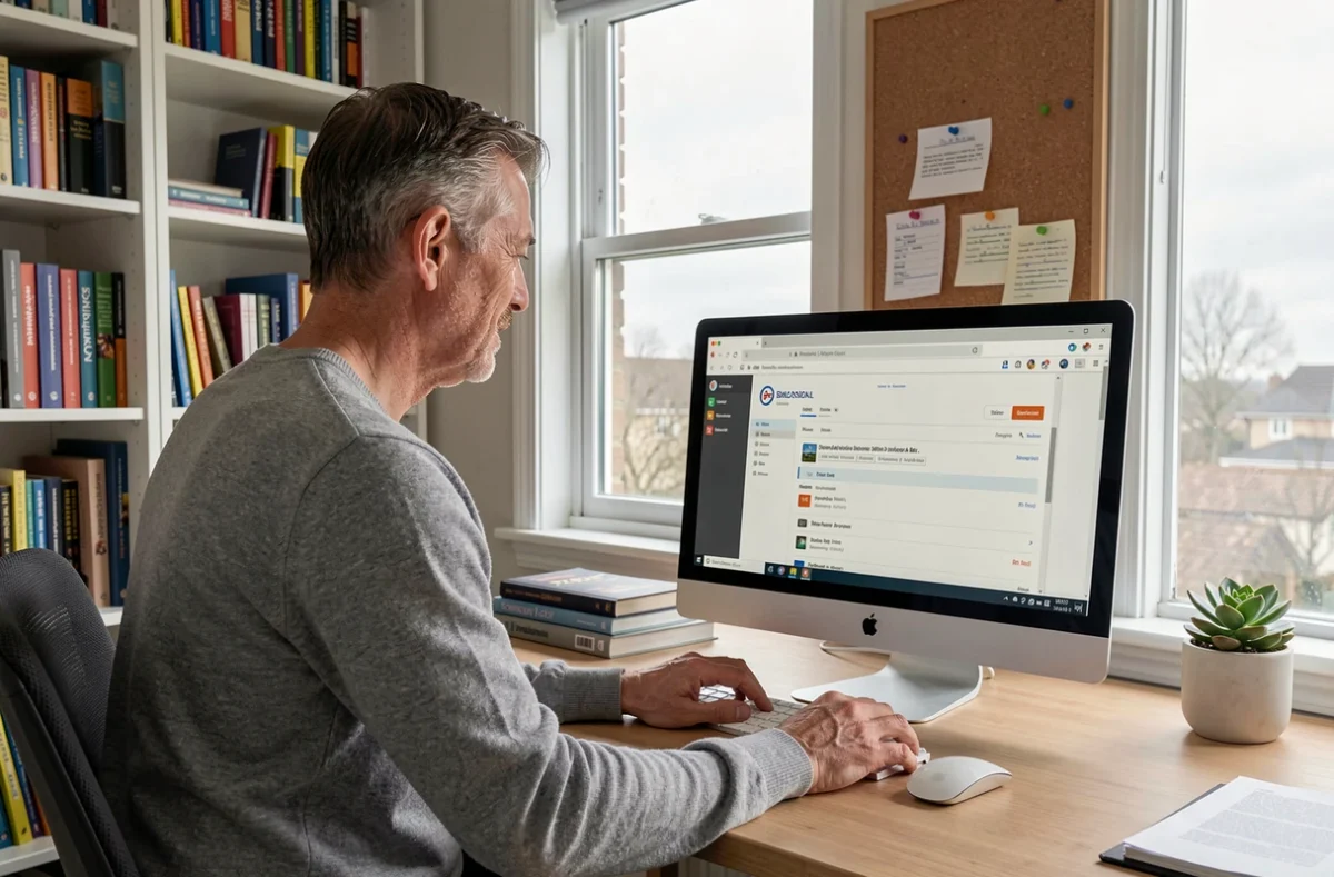 Professeur consultant son webmail académique Dsden19 depuis son bureau à domicile sur un ordinateur de bureau
