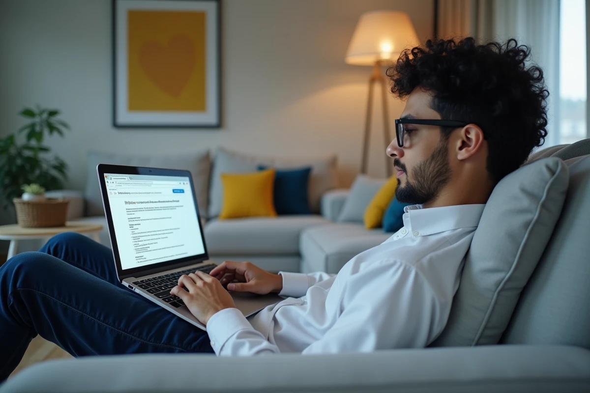 Jeune homme consultant son webmail Rouen sans intranet depuis son salon à domicile