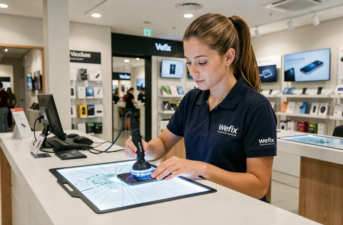 Technicienne Wefix dans le Vaucluse remplaçant l'écran fissuré d'un smartphone en boutique